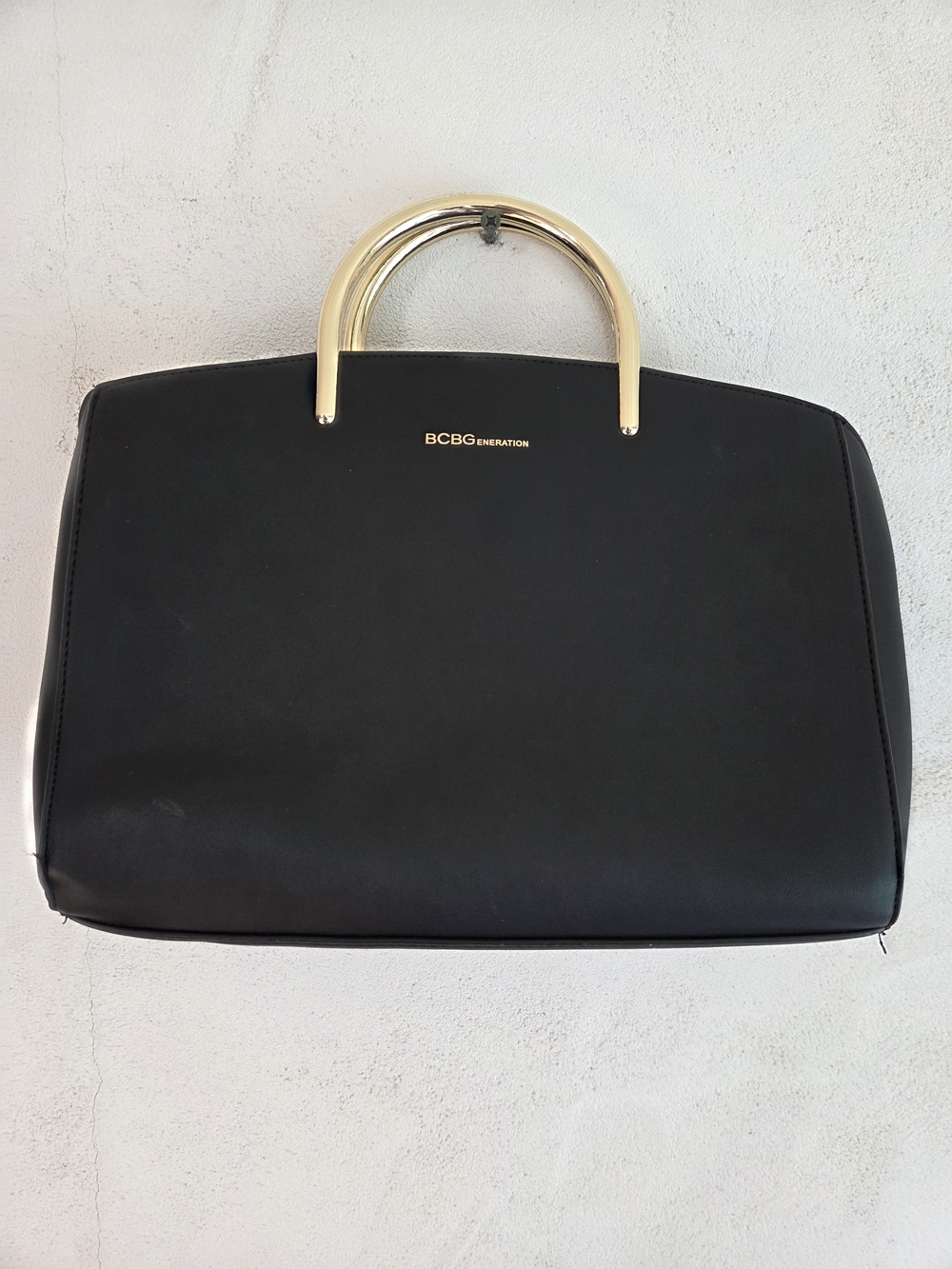 BCBG Black Leather Handbag Gold Metal Ring Top Handle Minimalist Tote